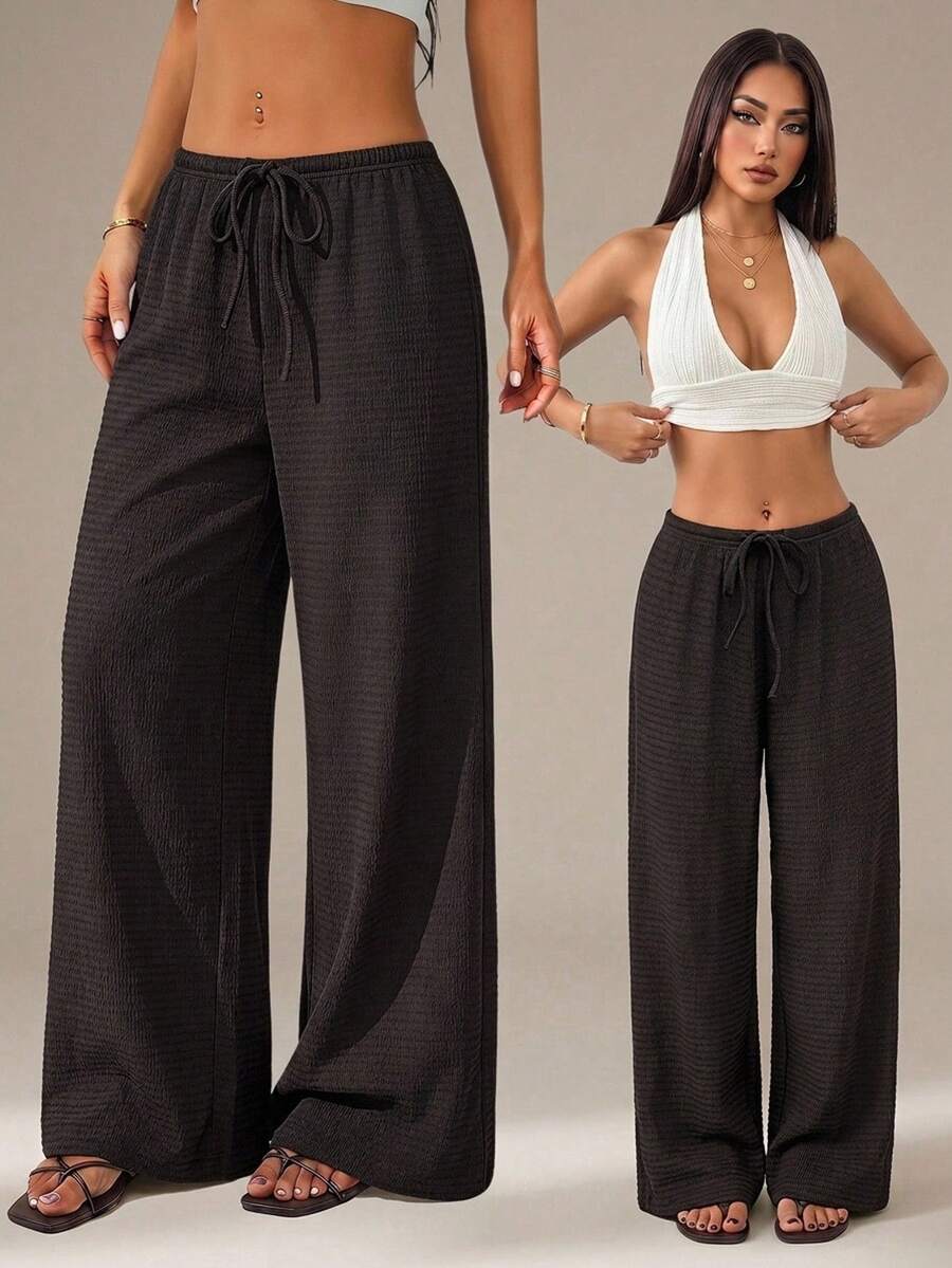 SHEIN PETITE بنطلون نسائي بلون موحد مع ربطة خصر وساق واسعة فضفاضة كاجوال متعدد الاستخدامات، للنساء القصيرات - بني - مشاهدة 1