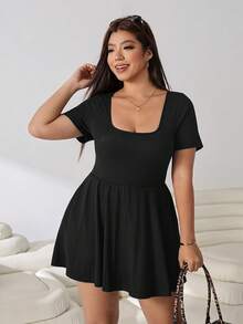 Solflare Plus Size Summer Casual Solid Color Short Sleeve Romper - Black - View 4