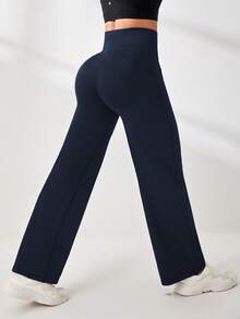 Easithlete Solid Color High Waist Straight Leg Sports Pants - Dusty Blue - View 2