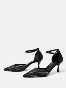 CUCCOO HITCHD Spring And Summer Rhinestone Mesh Splicing Pointed Stiletto Dinner Wind Mesh Satin - Black - View 4