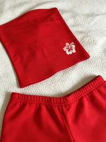 SHEIN Women's Summer Vacation Floral Print Bandeau Top And Shorts Set - Red - View 4