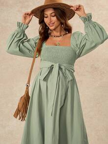 Boho Mama Maternity Solid Color Twisted Design Long Sleeve Elegant Maternity Casual Dress Beach Photoshoot Photoshoot Sage Green Autumn Fall - Green - View 11