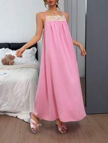 Napfluff Minimalist Textured Lace Trim Spaghetti Strap Long Nightgown For Women - Pink - View 1