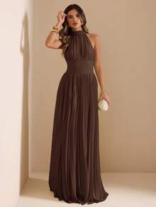 SHEIN BAE Vestido de Primavera/Verano Verde con Cuello Halter, Cintura Fruncida, Volantes y Lazo, Largo Medio, Estilo Romántico Francés para Citas & Vacaciones - Café integral - Ver 3