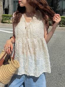 FRIFUL 女款蕾絲休閒百搭日常穿著夏季可愛上衣 - 米色 - 查看 3