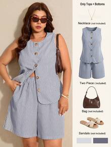 Elaquor Conjunto de 2 piezas de top de tirantes con botones y shorts a rayas, estilo casual de talla grande para verano - Azul Marino - Ver 1