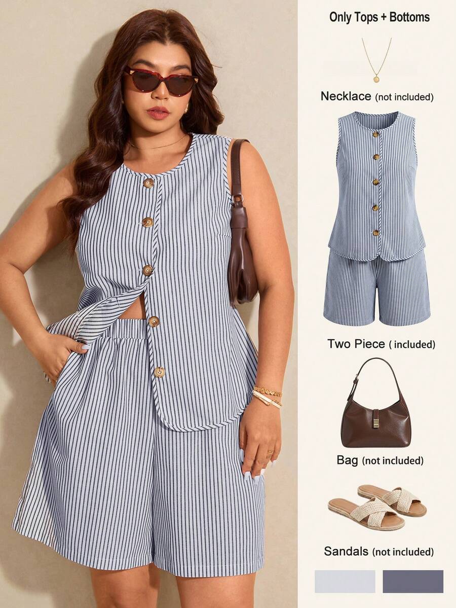 Elaquor Conjunto de 2 piezas de top de tirantes con botones y shorts a rayas, estilo casual de talla grande para verano - Azul Marino - Ver 1