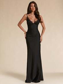 SHEIN BAE Spring/Summer Solid Black Satin Elegant Sexy Lace Patchwork Women's Extra Long Satin Dress Dinner Date - Black - View 5