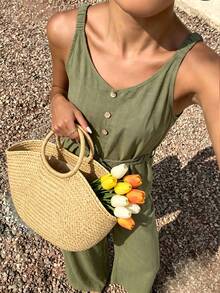 Cévolie Women's Solid Color Camisole Top And Long Pants Casual Vacation Set Olive Green Summer - Green - View 4