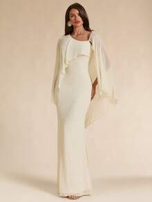 SHEIN BAE Fall Solid Cream White Asymmetric One-Shoulder Elegant Long Mesh Dress For Women Wedding Dinner Cocktail Bar Party Formal Garden Party - Apricot - View 5