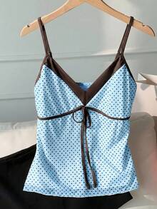 Comfortcana Spring Summer Light Blue Colorblock Patchwork Front Tie Bow Casual 1950s Vintage 1950s Vintage Plus Size Camisole Tank Top Date Night Vacation - Baby Blue - View 1