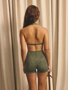 Aralina 女款蛇紋紋理支撐塑形透氣彈性運動服夏季套裝，健身度假運動內衣上衣 - 綠色 - 查看 2
