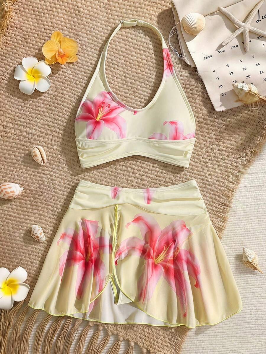 SHEIN 青少年女孩黃色熱帶花卉印花掛脖式泳衣套裝,海灘度假花卉兩件式女孩度假套裝,青少年女孩泳衣套裝,可愛休閒日常海灘度假海灘裝黃色泳衣 - 黃色 - 查看 1