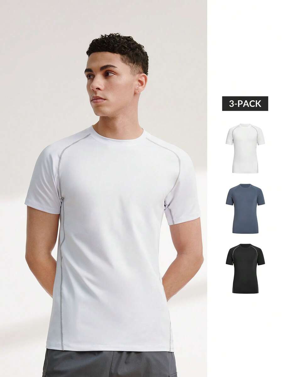 Driftmere 3pcs/Set Boyfriend Style Men's Compression Sports Training Tee, High Elasticity, Quick Drying, Short Sleeve Running Tee, Summer Gym Clothes Boyfriend Style Men Basic T Shirt Black Workout - Black - View 1