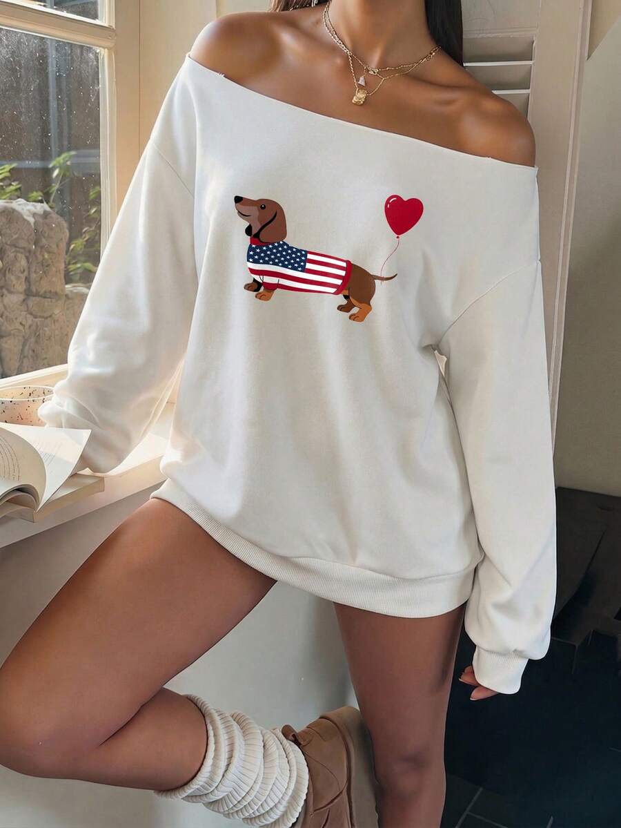 SHEIN EZwear 休閒極簡風臘腸狗愛心印花女款露肩寬鬆長袖白色衛衣,適合春夏初秋 - 白色 - 查看 1