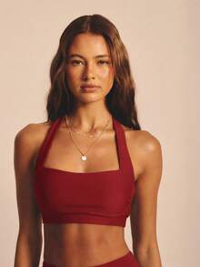 Aralina Leisurewear Active Wide Strap Halter Spring Summer Crop Racer Back Exercise Top Black - Red - View 3