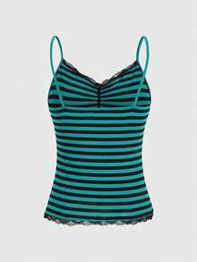 ROMWE Women's Contrast Lace Striped Ruffle Camisole - Multicolor - View 2