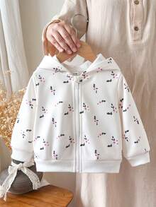 SHEIN Vintaside Kids 女嬰休閒可愛純色保暖內裡連帽拉鍊外套，適合秋冬，白色 - 彩色 - 查看 3