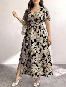 Modelyn Casual Elegant Minimalist Retro Floral Pattern Loose Plus Size Dress Suitable For Summer Vacation Black And White - Multicolor - View 4