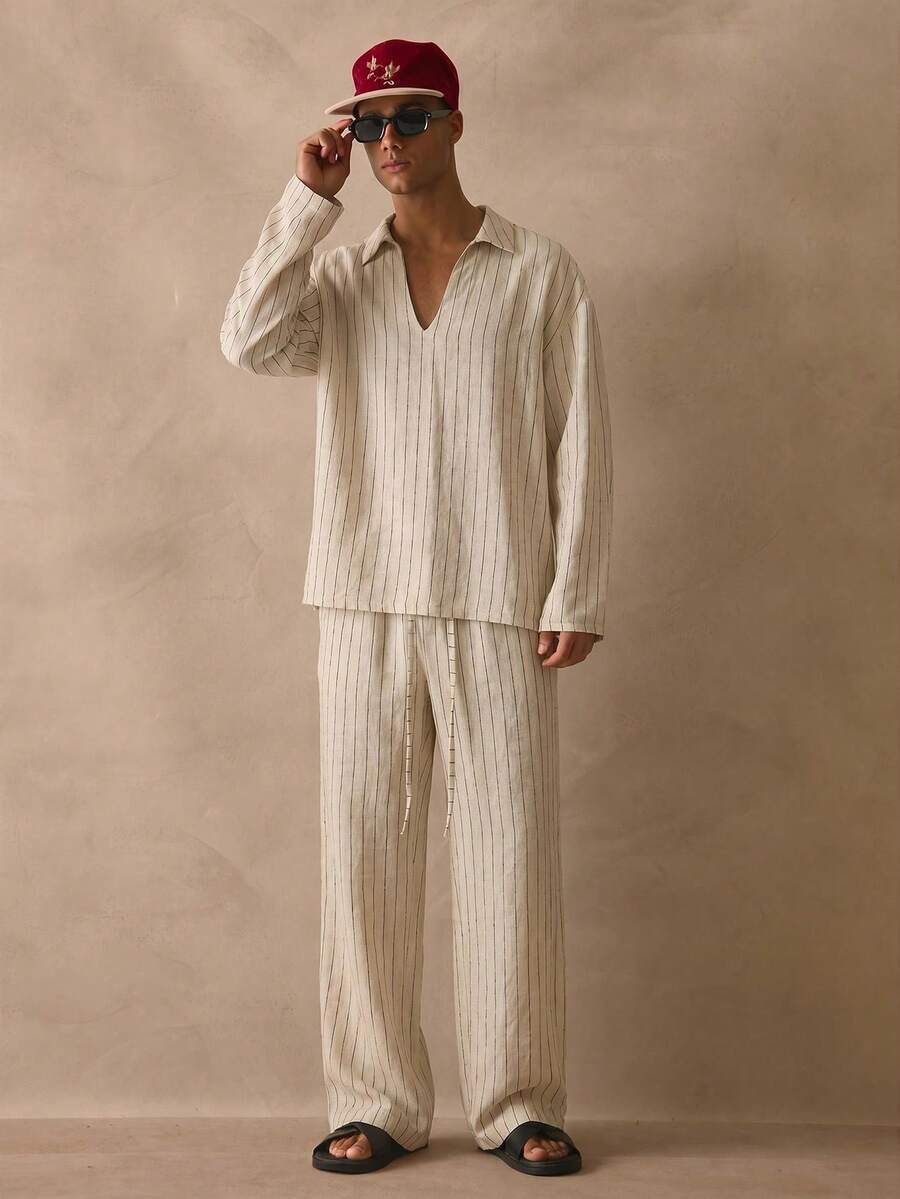 Musero Sold As One V Neck Long Sleeve Shirt Wide Leg Trouser Pant Striped Set Spring Summer Essentials - Apricot - View 1