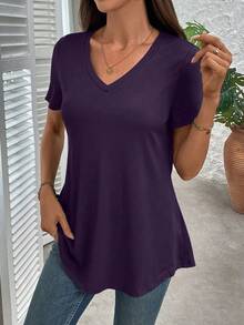 EMERY ROSE Plus Size Solid Half Sleeve Casual V Neck T-Shirt For Summer - Purple - View 3