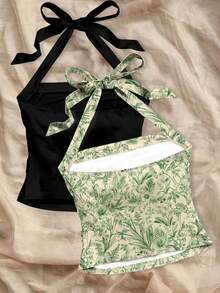 Soleia 2pcs Neck-Tied Floral Print Drawstring Ruched Backless Tank Tops For Women, Summer Suitable For Going Out - Multicolor - View 3