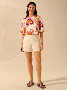 CAJUNI Women's Small Round Neck Half Sleeve Boho Casual Off-White Love Print T-Shirt, Leisure Vacation Summer Cut Date Night - Yellow - View 6