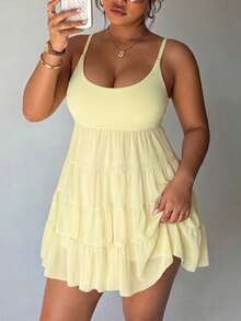 SHEIN Dewbera Spring/Summer Plus Size Women's Sports Dress With Spaghetti Straps, Removable Chest Pads, 2 In 1 Design, Mesh Spliced Hem, Built-In Liners And Pockets, Suitable For Daily Casual, Running, Yoga, Gym, Tennis, Golf - Yellow - View 4