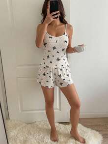DAZY 女款夏季優雅蝴蝶印花上衣與寬腿睡褲套裝 - 黑與白 - 查看 2