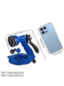 The Blue Telescopic Elastic Hose, Equipped With An Adjustable Nozzle, Is Suitable For Car Washing, Lawn Watering, Plant Care, And Pet Bathing. It Can Be Used All Year Round And Is Made Of Hose And Connector. - Blue - View 3