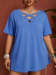 SHEIN CURVE+ Sommer Damen Große Größen Einfarbiges Fuchsia Kreuz V-Ausschnitt Kurzarm T-Shirt - Blau - Übersicht 4