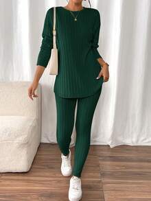 SHEIN Frenchy Drop Shoulder Ribbed Knit Tee & Leggings Textured Fabric Two Pieces - Olive Green - View 3
