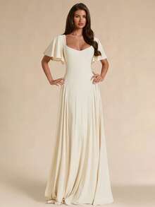 SHEIN BAE Spring/Summer Solid Cream White Square Neck Ruffle Sleeve A-Line Flared Maxi Dress Christening Elegant - Apricot - View 5