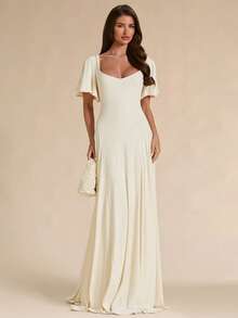 SHEIN BAE Spring/Summer Solid Cream White Square Neck Ruffle Sleeve A-Line Flared Maxi Dress Christening Elegant - Apricot - View 7