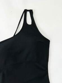 Swim Lushoire 2025新款女款單肩軟面料拼色顯瘦兩件式泳衣 - 黑色 - 查看 6