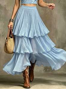 GlowEve French Romantic Sicilian Elegant Casual Commute Vacation Afternoon Tea Party Solid Color Square Neck Multi-Layer Ruffle A-Line Skirt - Blue - View 4
