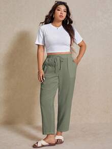 SHEIN PETITE CURVE 大尺碼女款眼睛刺繡口袋休閒短版長褲 - 綠色 - 查看 4