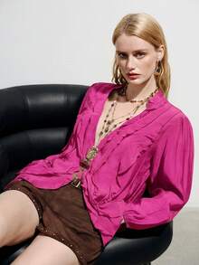 Aveloria Modichic Olive Green Pleated Women's Blouse, Lightweight Linen-Like Fabric, Layered Ruffle Design, Puff Sleeve, Vintage French Style, Loose Fit, Romantic Vacation, Ruffle Blouse, Statement Sleeve, Quiet Luxury, Romantic Core, Vintage Revival, Suitable For Commuting, Casual, Dating, Urban Street Style, Versatile For Multiple Occasions - Hot Pink - View 6