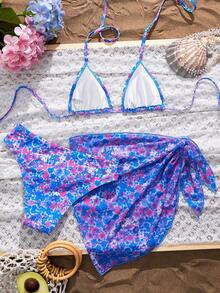 Swim Vcay 女士夏季沙滩度假碎花露背性感比基尼三件套 - 彩色 - 查看 2