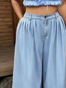 Sunnyshic Women's Plus Size Light Blue Wide Leg Jeans, Casual Pleated Design, Slimming High Waist Loose Drape Floor Length Pants - Light Wash - View 3