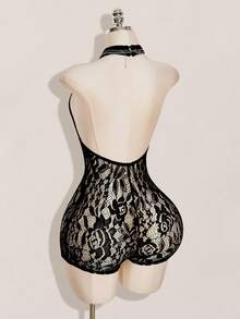 SHEIN ICON 女款花卉蕾絲性感透視掛脖貼身連身褲 - 黑色 - 查看 11