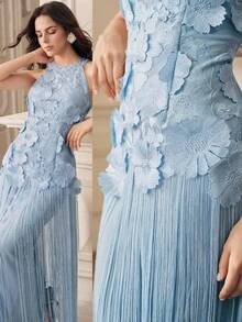Anewsta Elegant 3D Floral Patchwork Tassel Dress, Suitable For Vacation, Party, Event, Spring/Summer - Blue - View 1