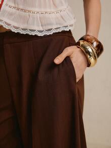 CielaLinda Women's Flowy Low-Rise Wide Leg Pants With Pockets Brunch Tea Party Dark Brown Autumn Elegant - Brown - View 5