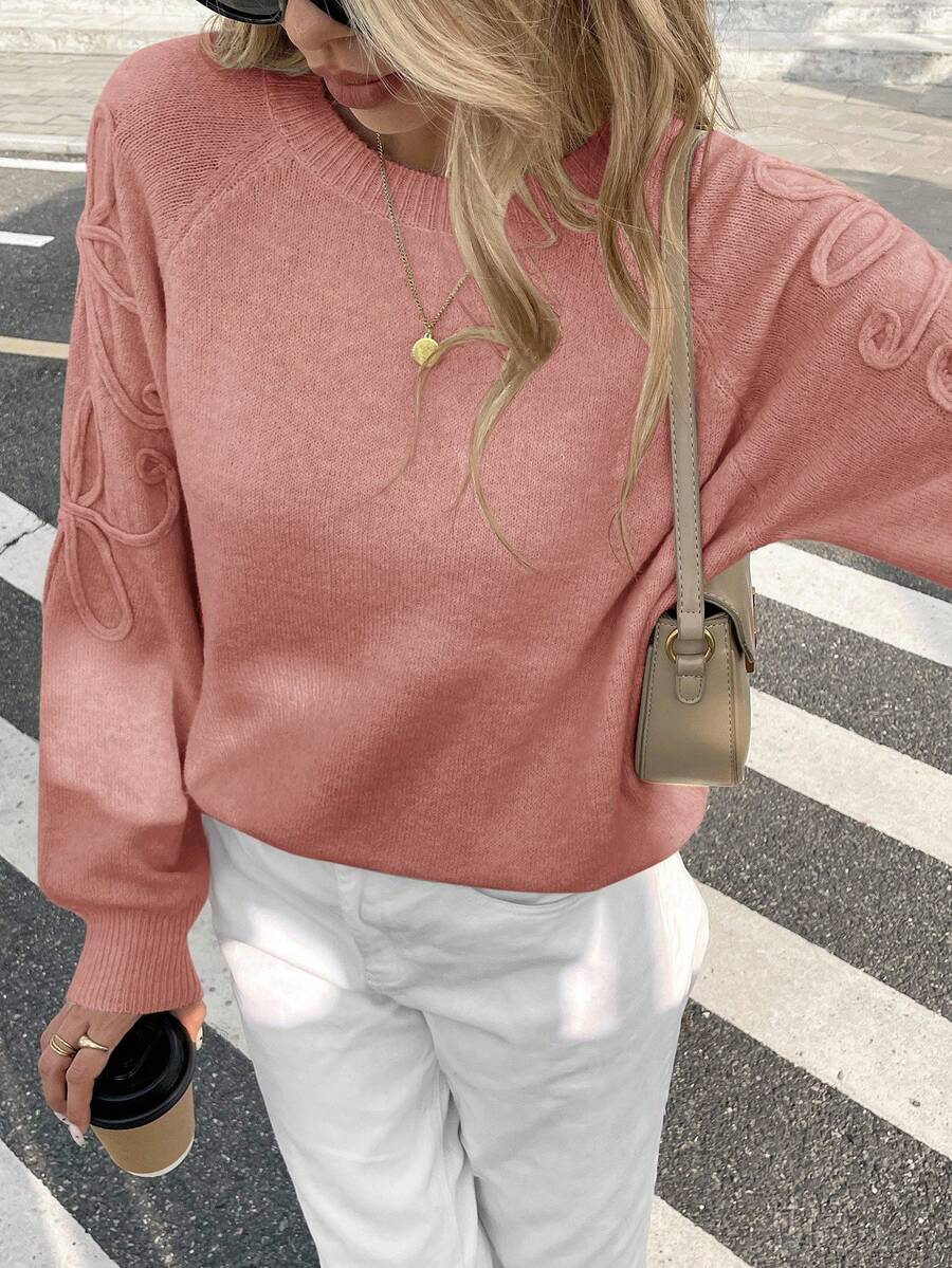 Serisse Women's Autumn/Winter Casual Solid Color Hand-Knit Flower Sweater - Dusty Pink - View 1