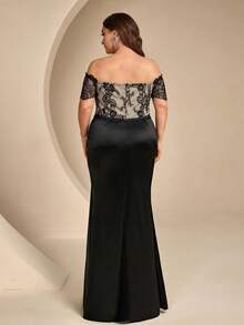 Coutiva Plus Size Lace Patchwork One Shoulder Formal Evening Gown - Black - View 2