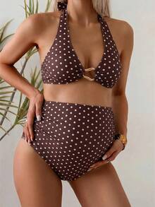 Swim Vcay Maternity Polka Dot Print Swimsuit Set Beach Summer - Multicolor - View 3