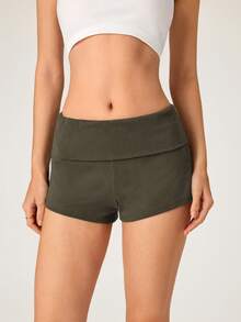 SHEIN BASICS 女款休閒純色羅紋針織短褲，夏季 - 軍綠色 - 查看 4