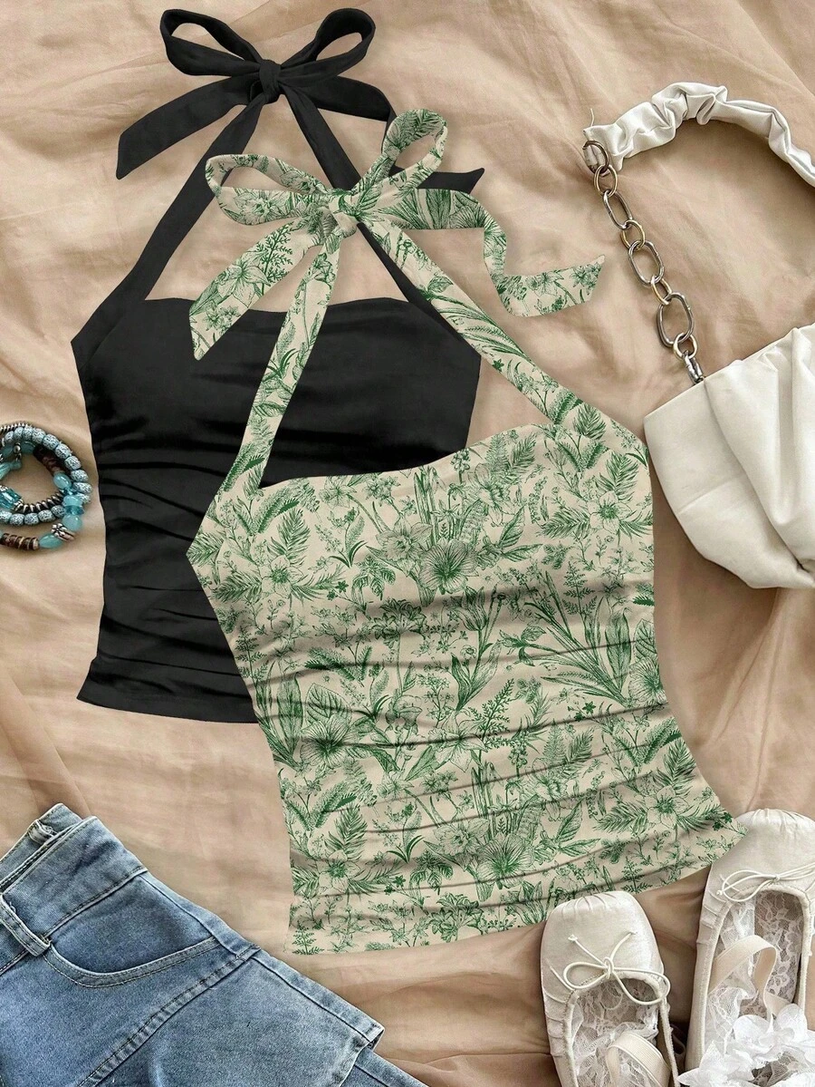 Soleia 2pcs Neck-Tied Floral Print Drawstring Ruched Backless Tank Tops For Women, Summer Suitable For Going Out