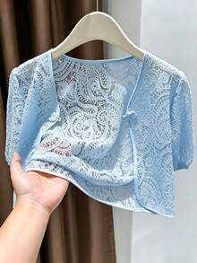Franclia Jaket Wanita Desainer dengan Kancing Katak Berenda Lengan Pendek - Biru - View 4