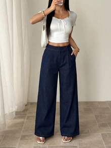 SHEIN Tall 高個女款高腰口袋寬腿寬鬆休閒牛仔褲 夏季外出辦公海軍藍 - 藍色 - 查看 4